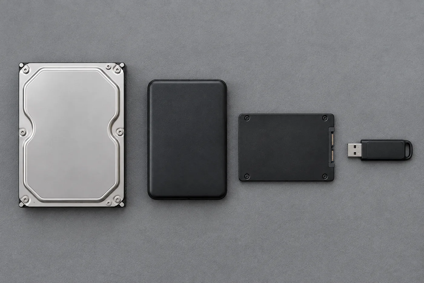 Festplatte, externe Platte, SSD und USB-Stick nebeneinander auf der ESD-Matte