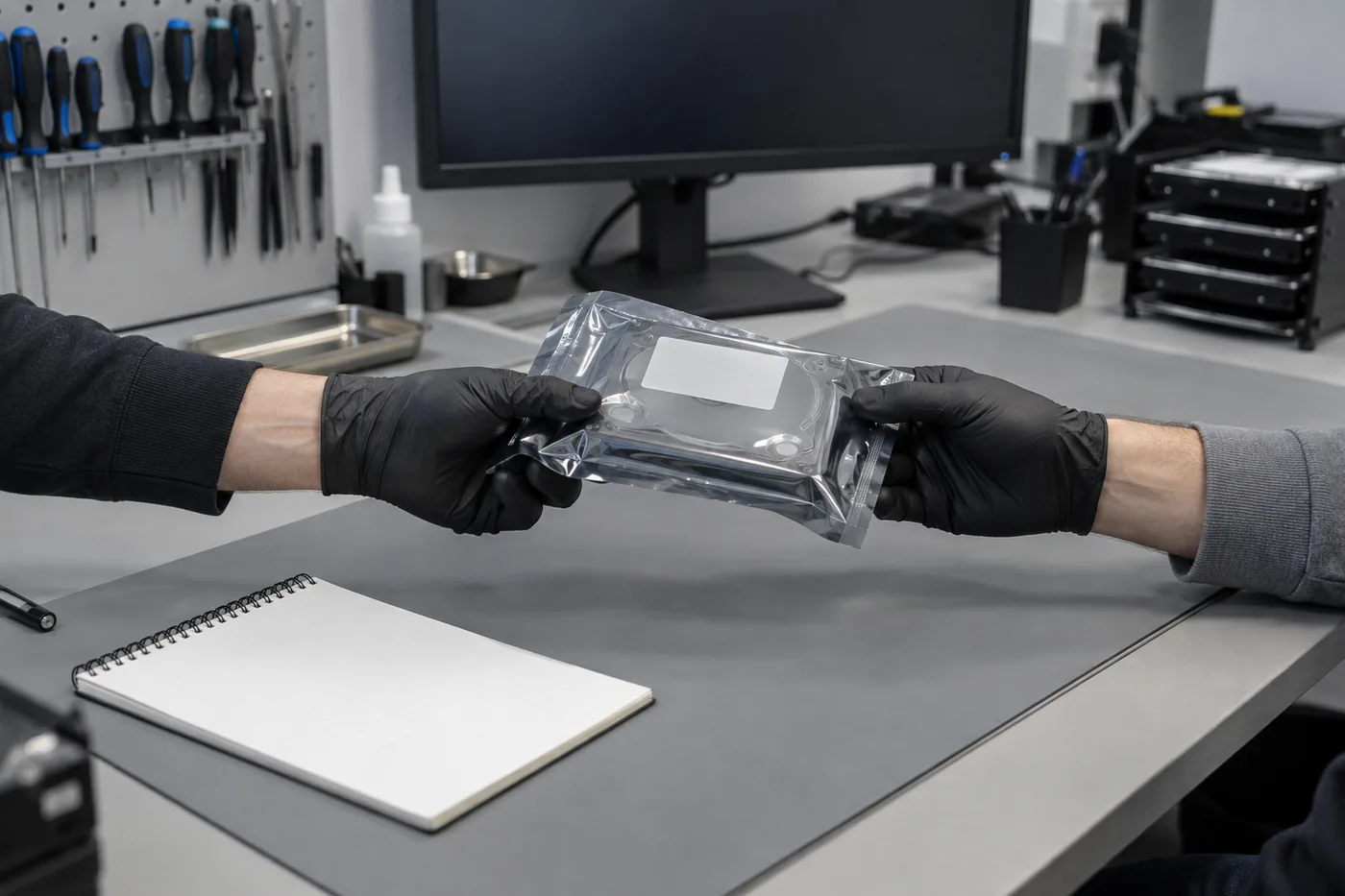 Übergabe einer Festplatte in der Antistatiktüte zwischen zwei Technikern im Labor