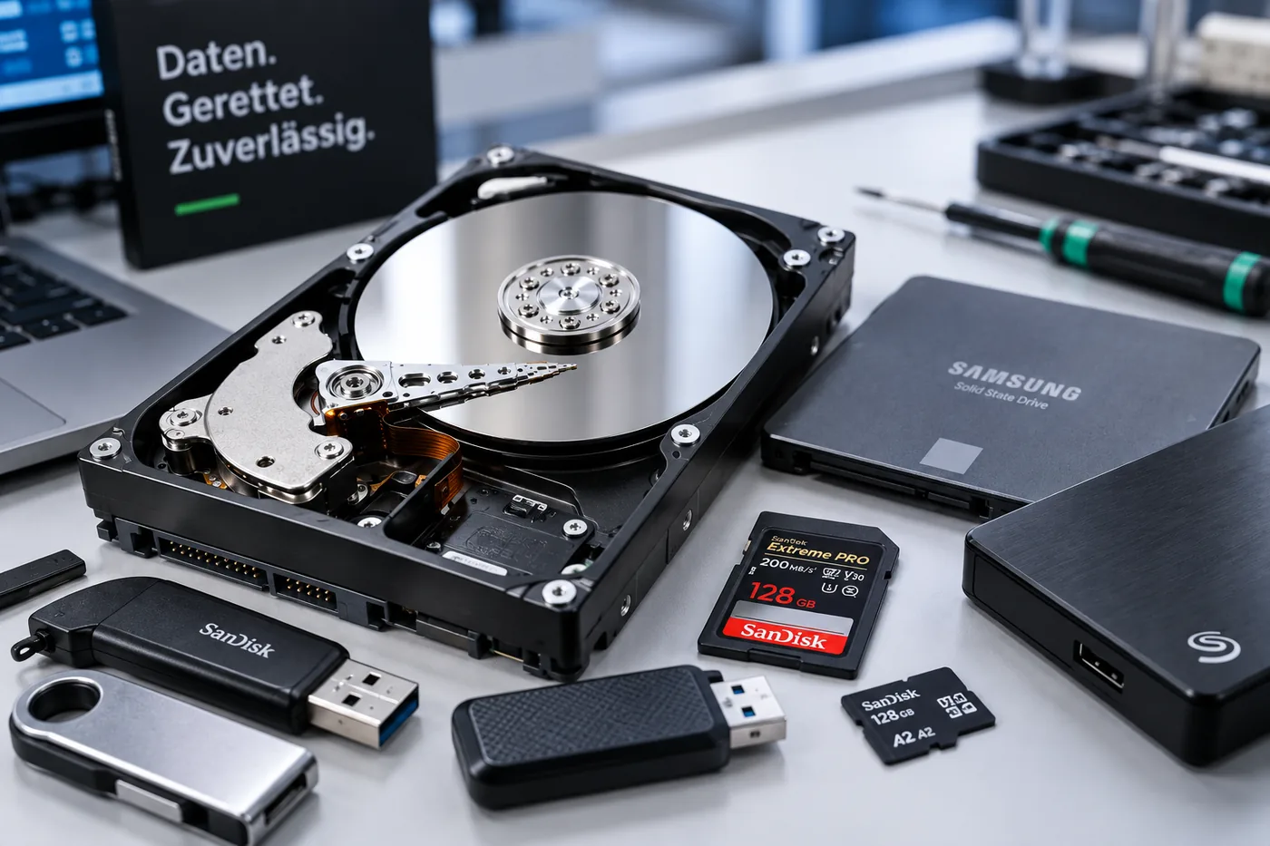 Festplatte, SSD, USB-Sticks, Speicherkarten und eine externe Platte nebeneinander auf dem Labortisch