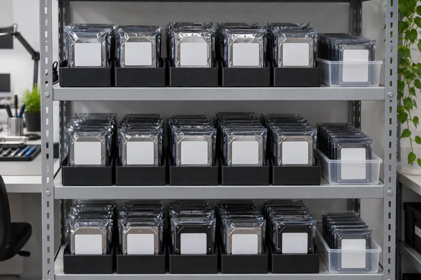 Regal mit verpackten Spenderlaufwerken im Ersatzteillager