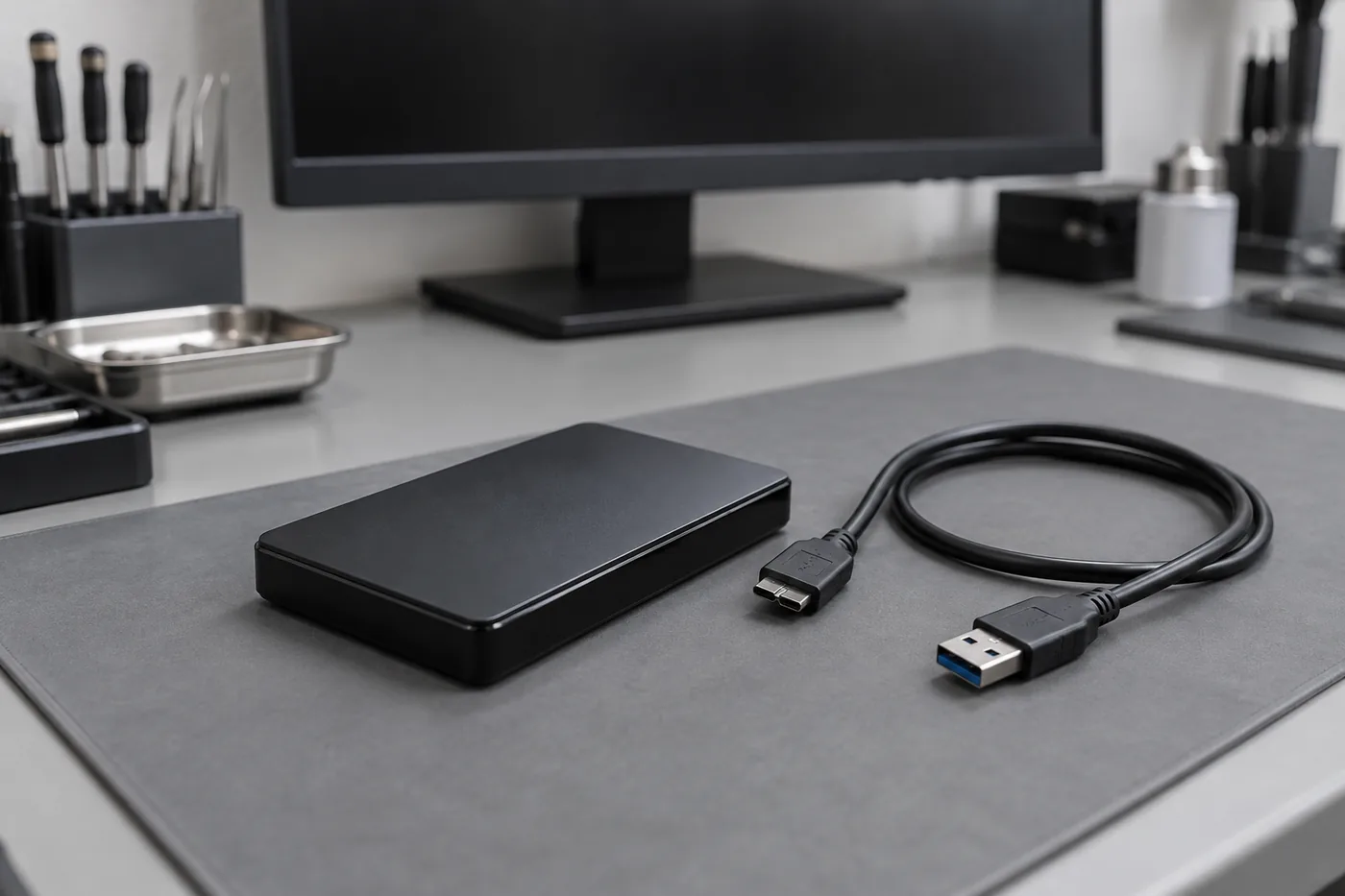 Switched-off external hard drive with the cable disconnected on a work mat