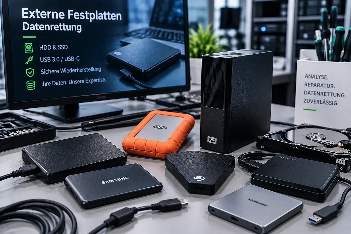 Externe Festplatten und SSDs verschiedener Hersteller mit Anschlusskabeln auf dem Labortisch