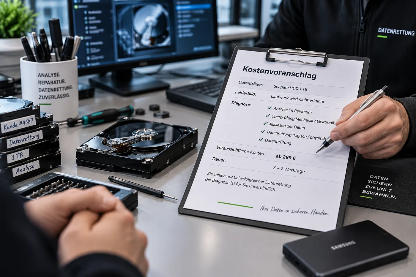 Kostenvoranschlag für eine Datenrettung auf dem Klemmbrett, daneben eine geöffnete Festplatte