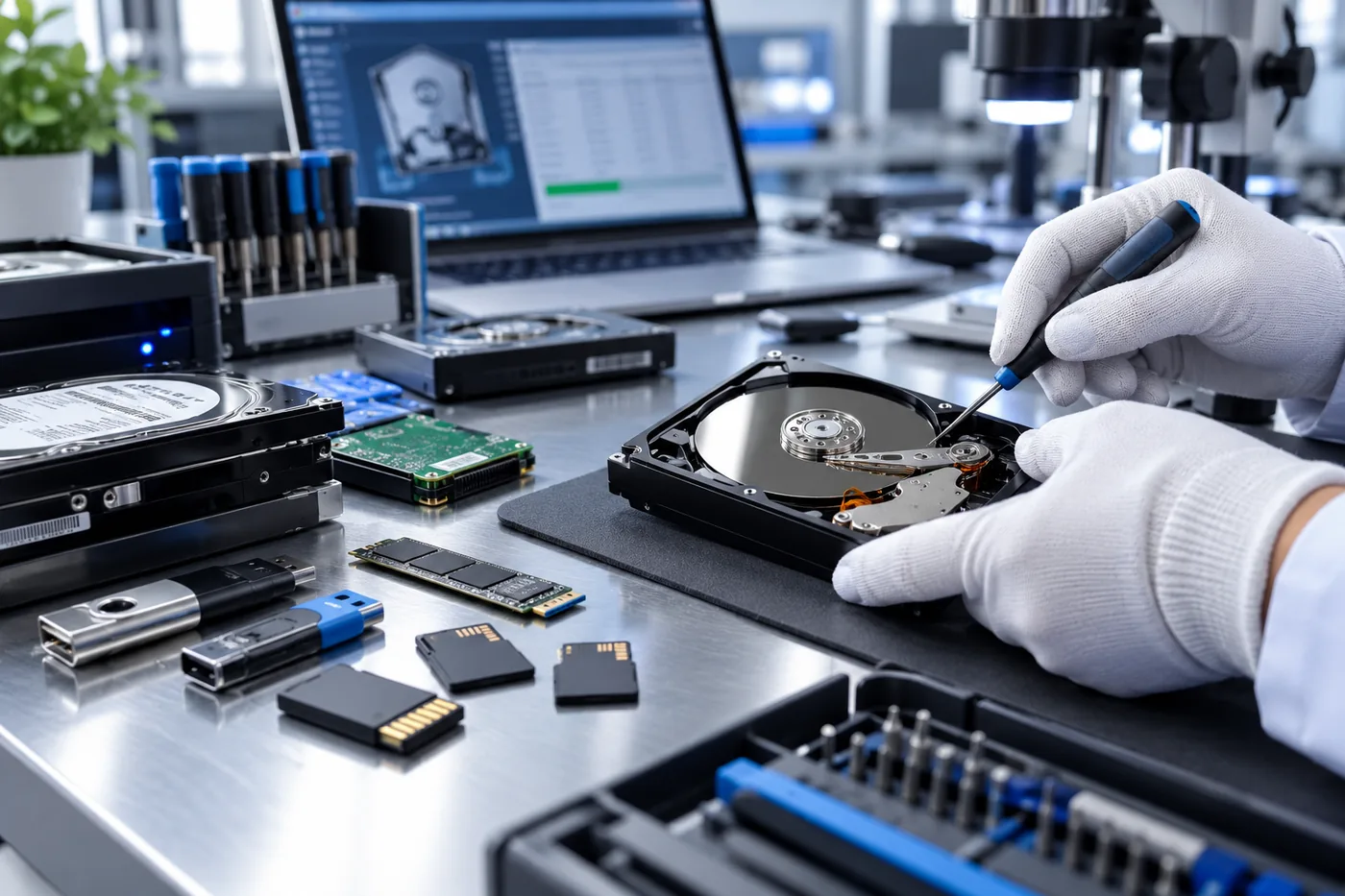 Festplatten, SSDs, Speicherkarten und USB-Sticks nebeneinander auf dem Labortisch