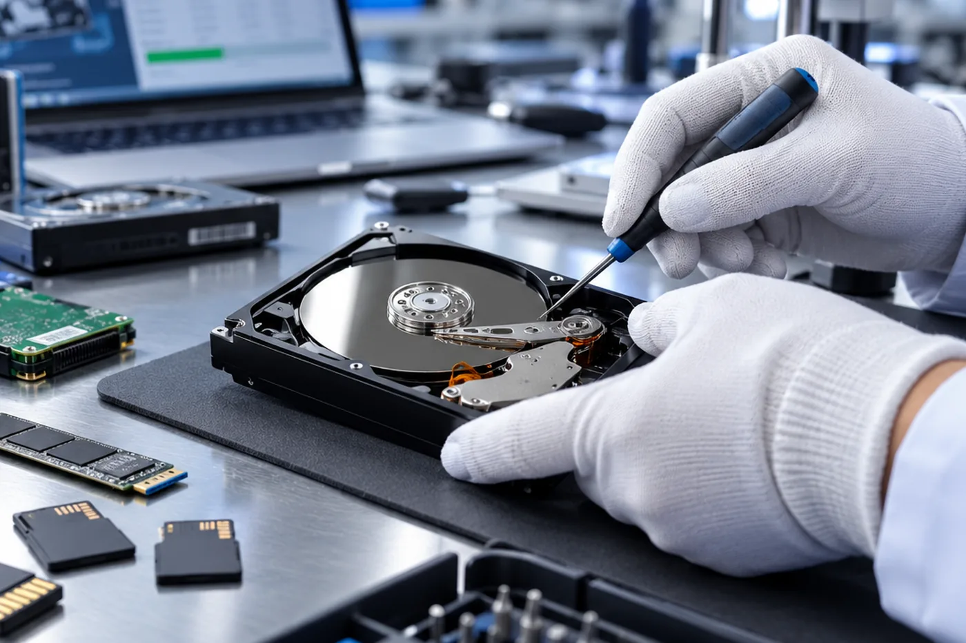 SSD-Platine mit Controller und Speicherbausteinen auf dem Arbeitsplatz