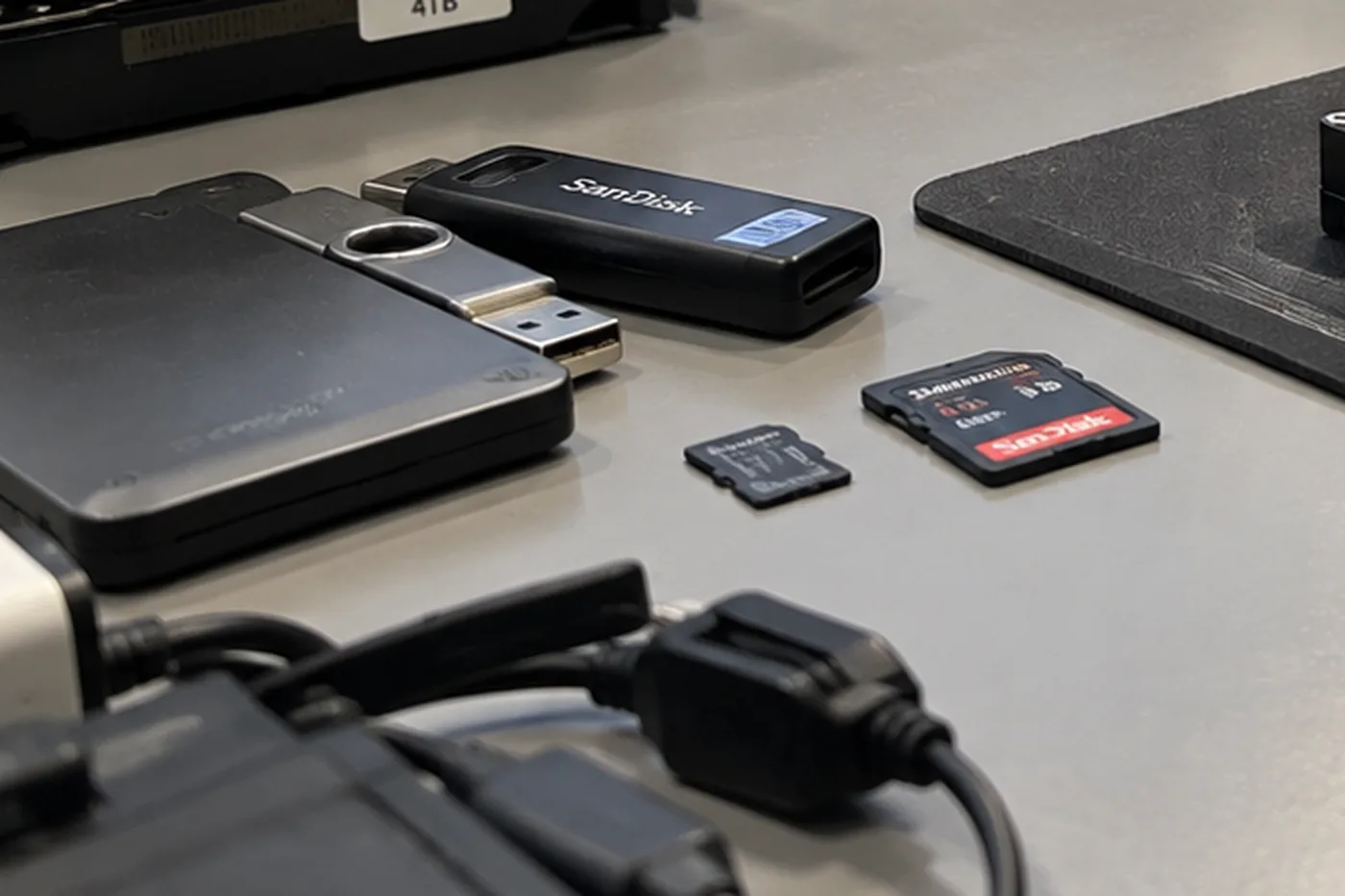 USB-Stick mit abgebrochenem Steckergehäuse auf einer Arbeitsmatte