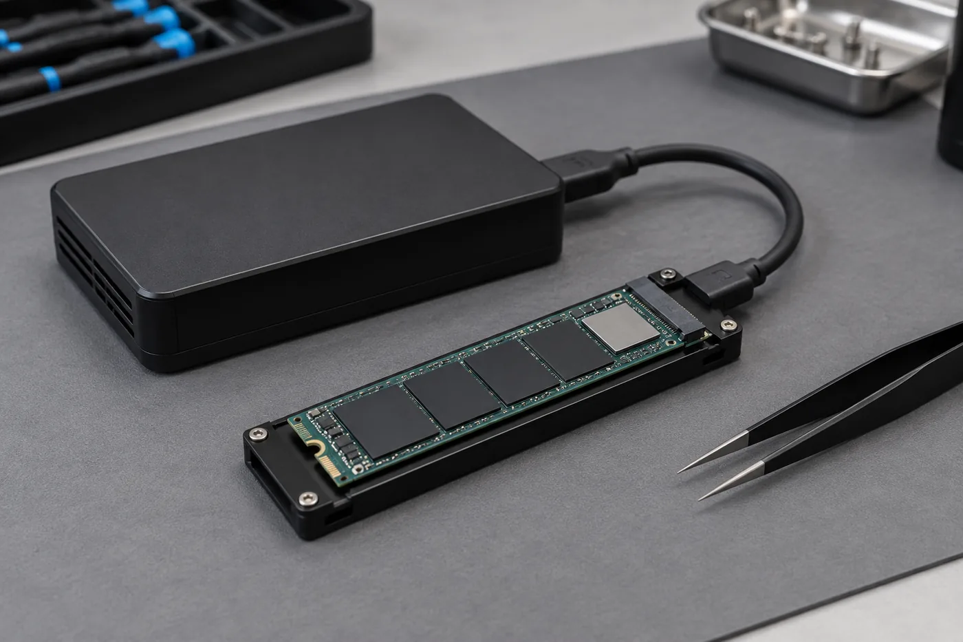 M.2-SSD im Adapter, angeschlossen an ein Auslesegerät, daneben eine Pinzette