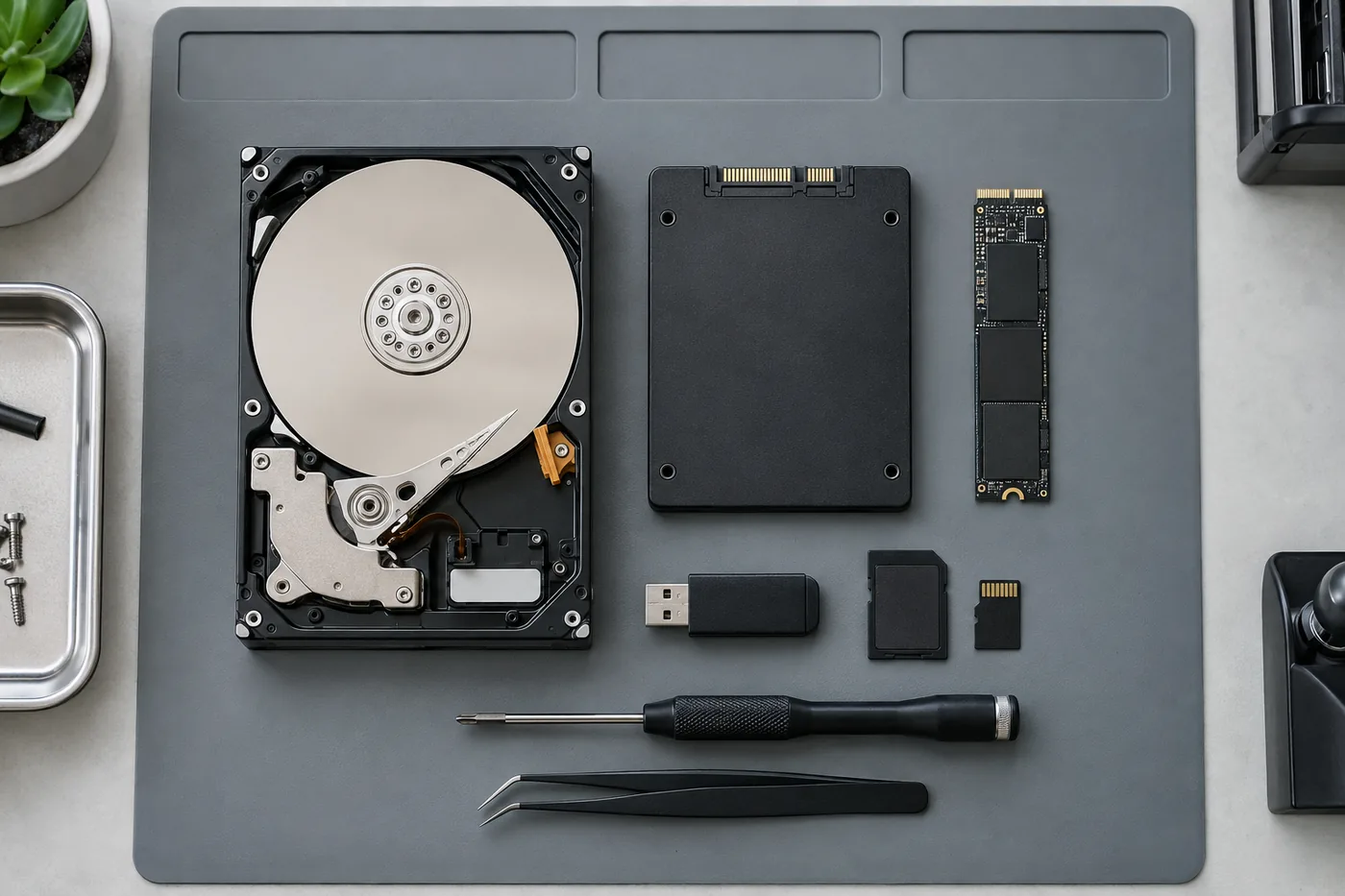 Hard drive, SSD, M.2 module, USB flash drive and memory cards side by side on the work mat