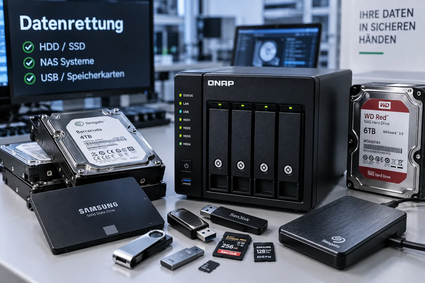 NAS-Gehäuse mit vier Einschüben, daneben ausgebaute NAS-Festplatten und weitere Datenträger