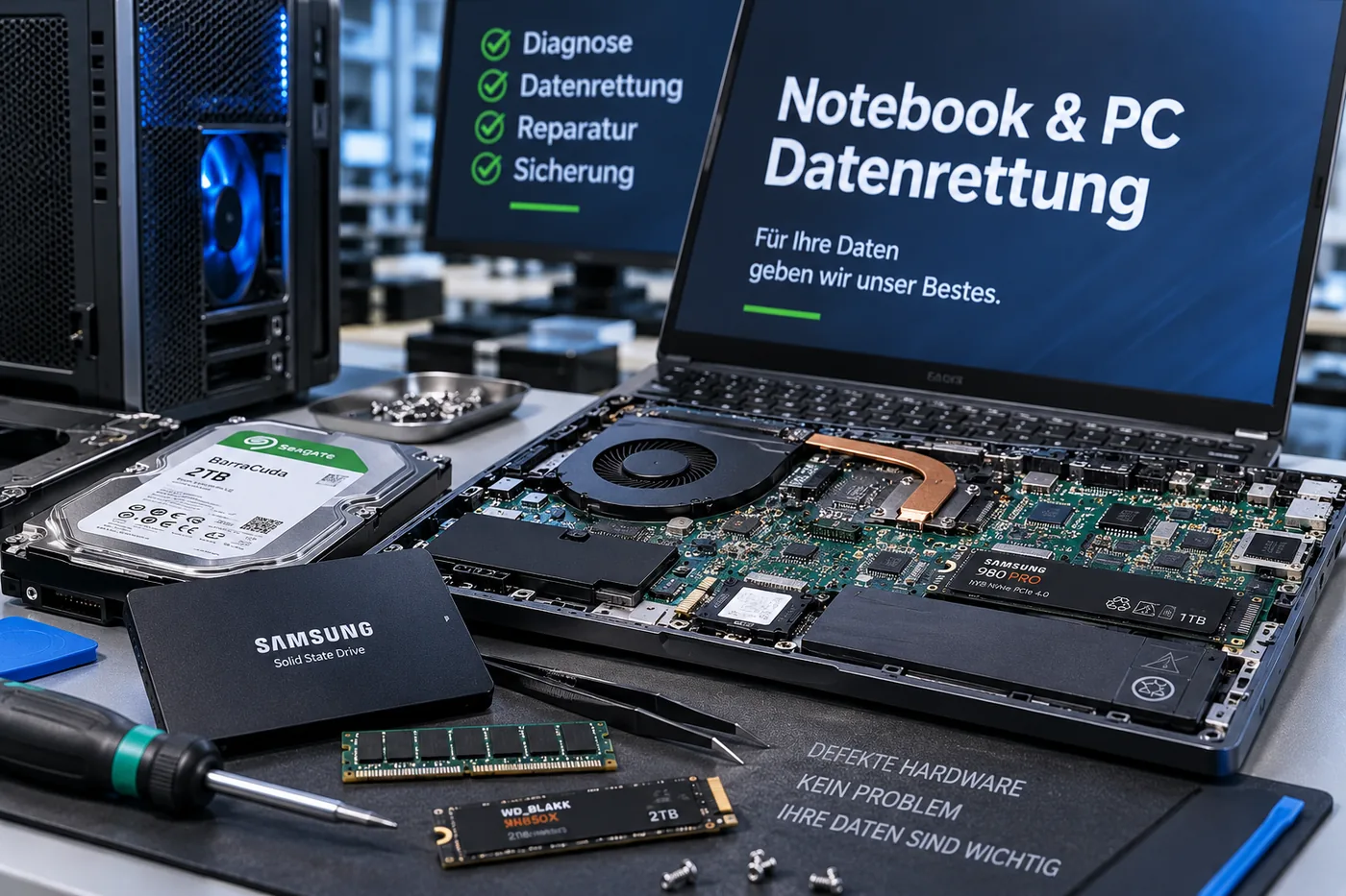 Geöffnetes Notebook mit freiliegendem Mainboard, daneben Festplatte, SSD und M.2-Modul