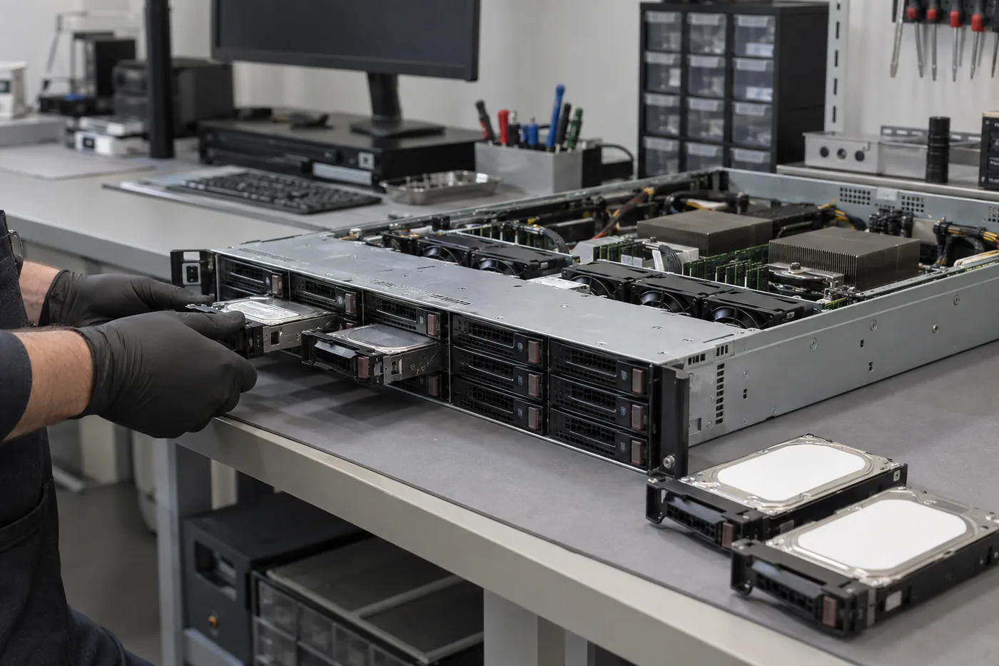 Geöffneter Rackserver mit Laufwerkseinschüben im Labor, daneben ausgebaute Serverfestplatten
