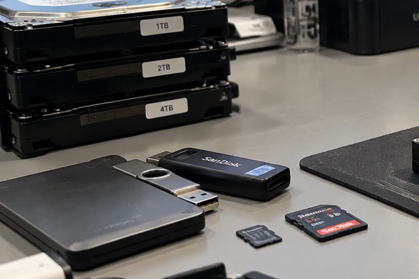 Individual drives from a RAID array, numbered and prepared for read-out