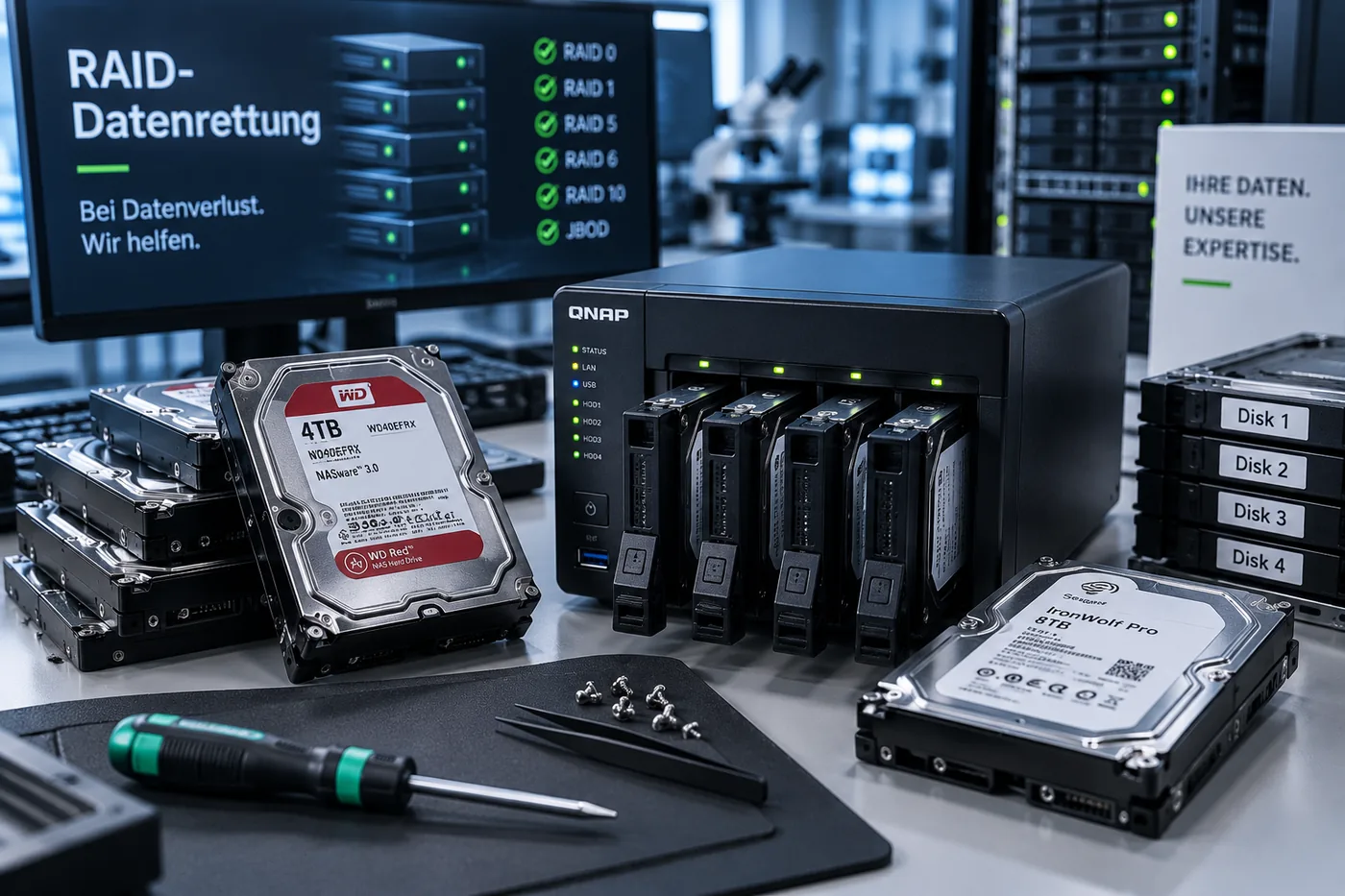 NAS mit vier bestückten Einschüben, daneben nummerierte NAS-Festplatten eines RAID-Verbunds