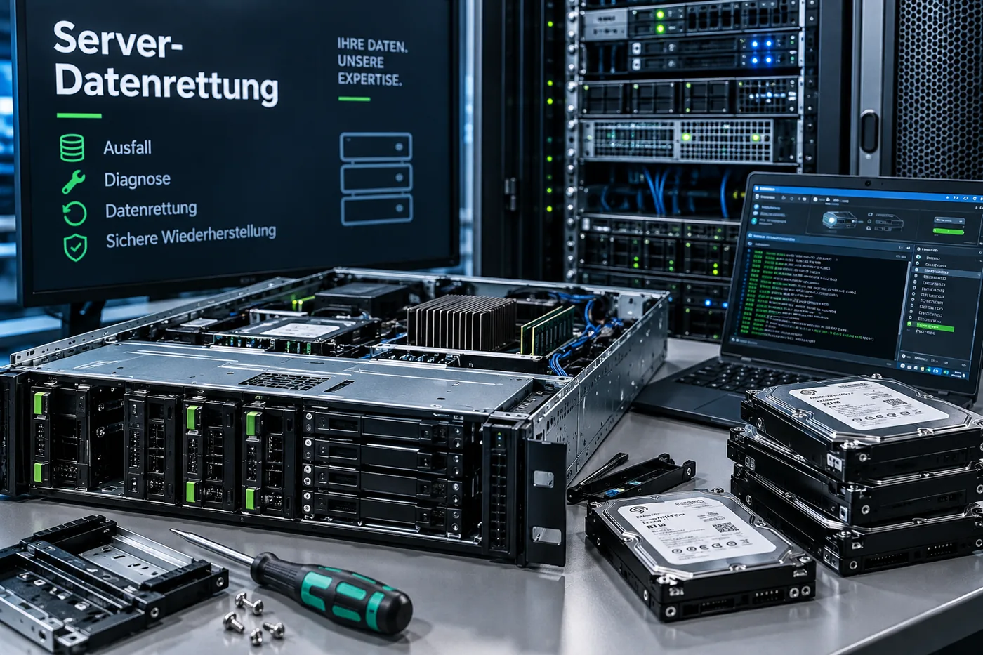 Geöffneter Rackserver mit Laufwerkseinschüben, daneben ausgebaute Serverfestplatten