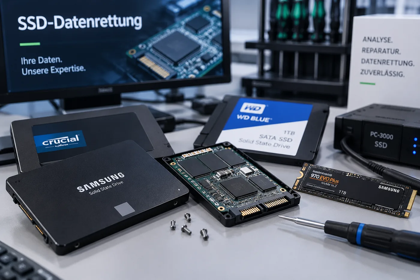 Geöffnete SATA-SSD mit freigelegter Platine, daneben SSDs verschiedener Hersteller auf dem Labortisch