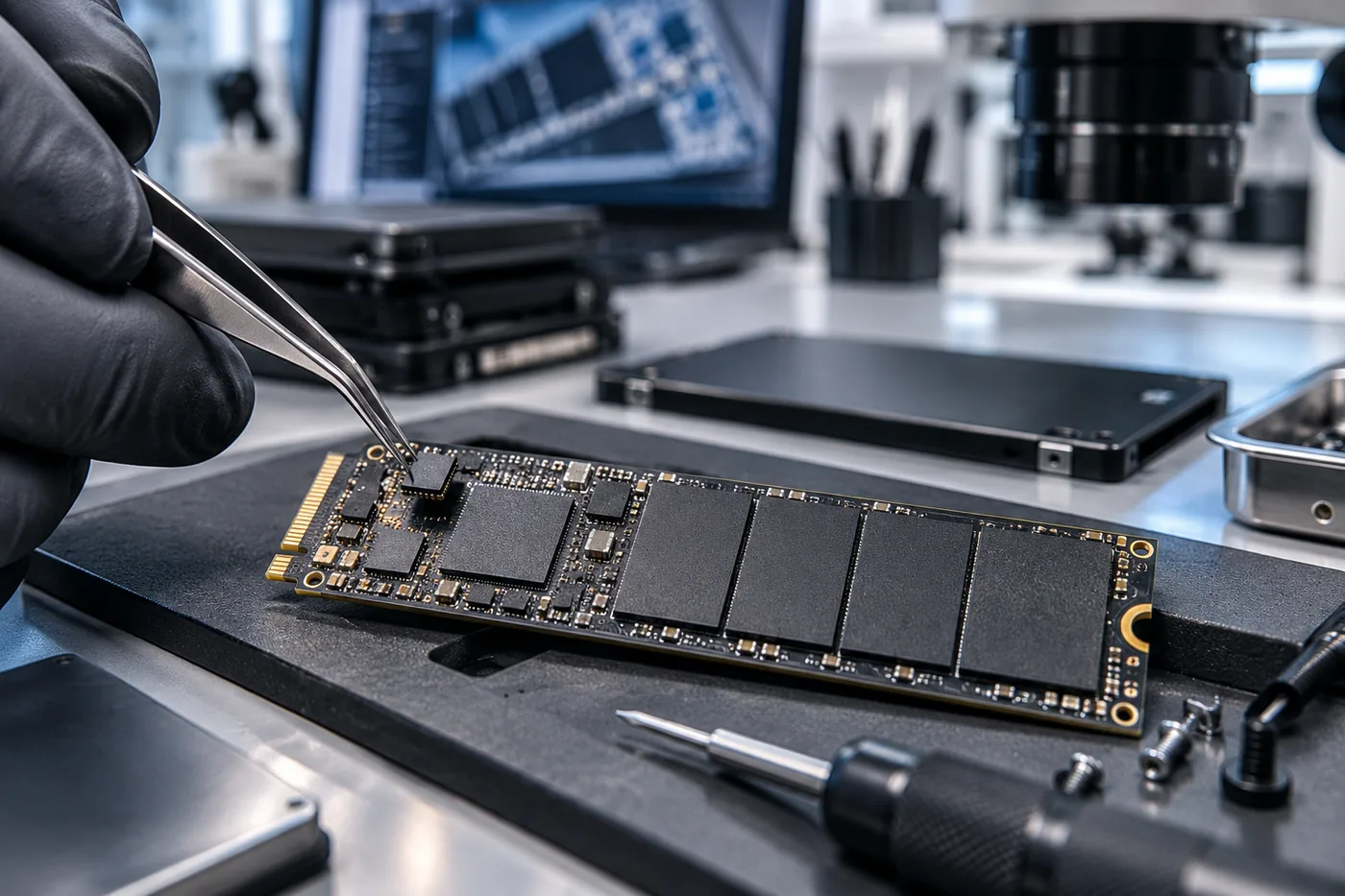 M.2-SSD mit freiliegendem Controller und NAND-Bausteinen, Bearbeitung mit der Pinzette