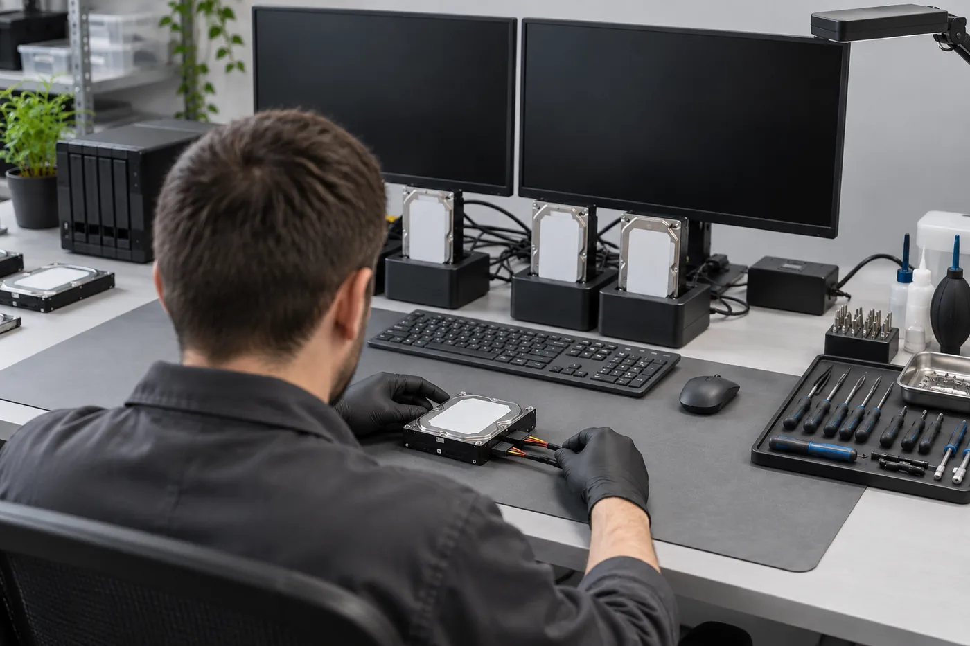 Techniker am Laborarbeitsplatz mit mehreren angeschlossenen Laufwerken